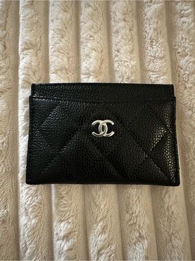 Chanel Black Caviar Leather & Quilted Card Holder w/Silver Interlocking CC Logo
